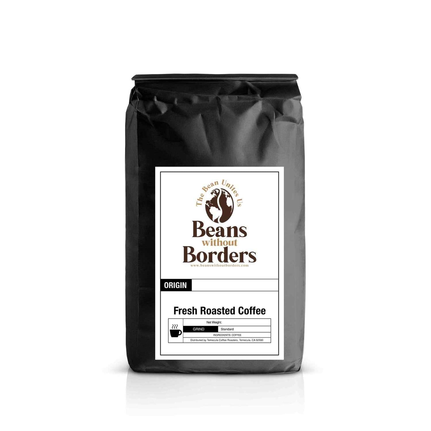 Mocha flavored fresh roasted coffee by Beans Without Borders in a matte black 12oz bag, featuring origin and roast details on the front label.
