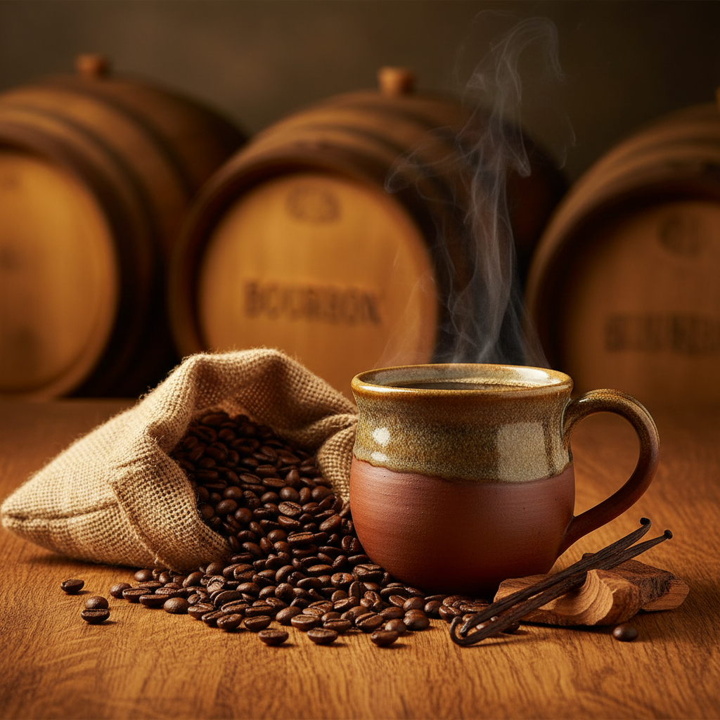 Steaming mug of coffee with coffee beans and barrels in the background

