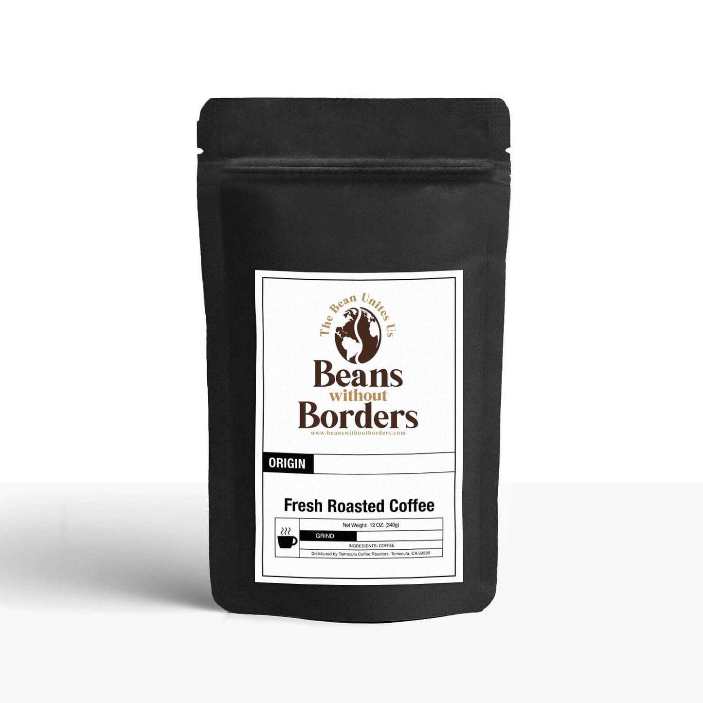 African Kahawa Blend by Beans Without Borders in black resealable coffee bag, labeled fresh roasted coffee with origin and grind details.
