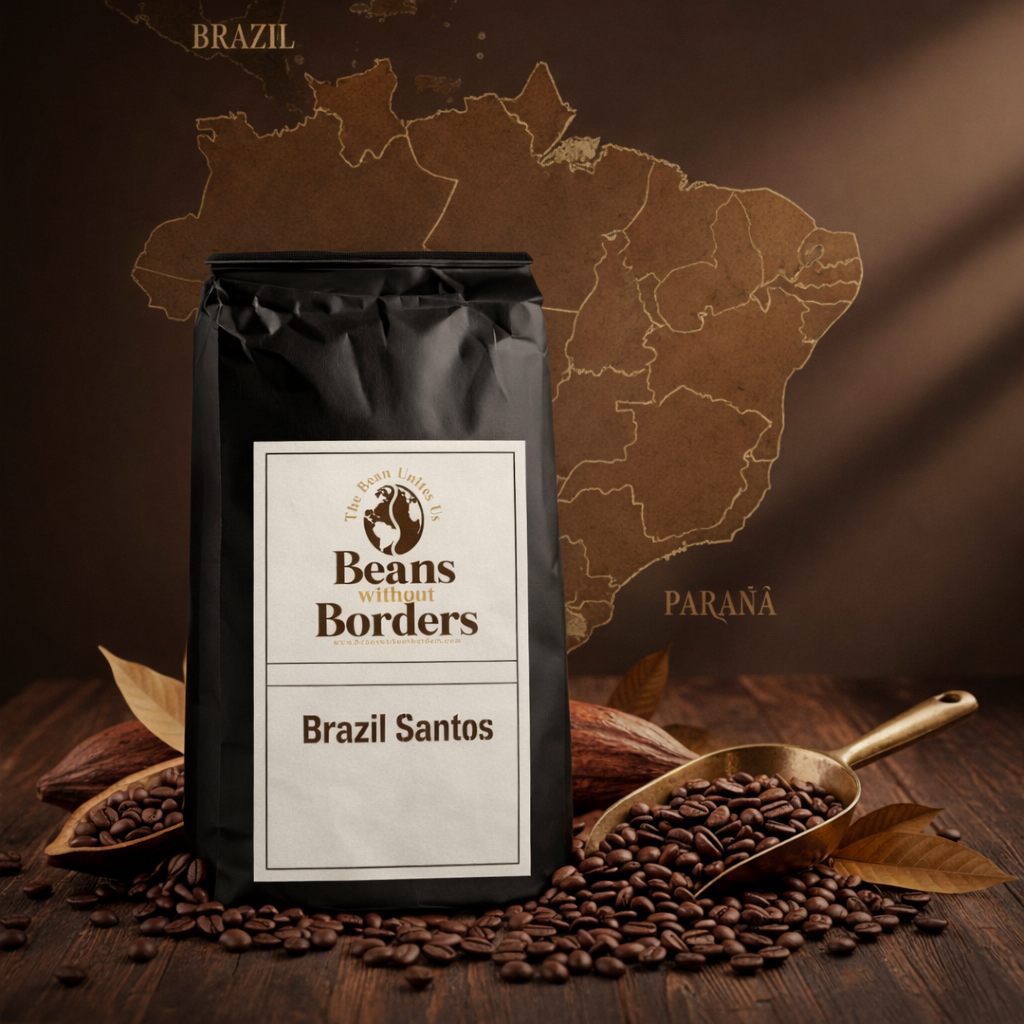 Coffee bag labeled 'Beans Without Borders Brazil Santos' on a wooden surface with coffee beans and a map of Brazil in the background.