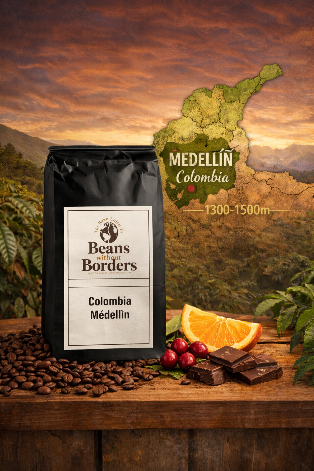 Coffee bag from 'Beans with Borders' on a wooden surface with coffee beans, chocolate, and fruit, set against a scenic backdrop of coffee plants and mountains.