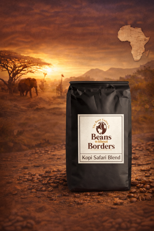 Kopi Safari Blend coffee bag with an African landscape background