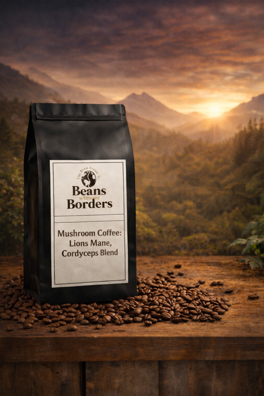 Black coffee bag labeled 'Beans Borders' on a wooden surface with a scenic background