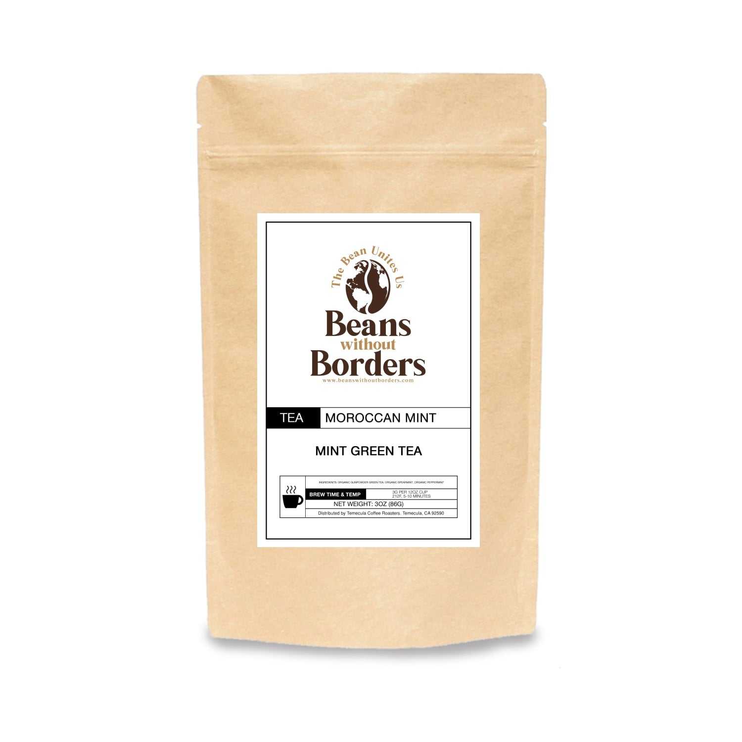 Premium Mint Green Tea - Refreshing Blend in eco-friendly pouch by Beans without Borders. Smooth Moroccan Mint flavor, ideal for hot or iced tea.