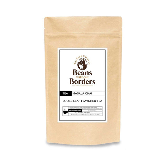 Masala Chai Tea - Indian Bold Drink in a kraft paper pouch by Beans Without Borders. Loose leaf, spicy, aromatic, and full-bodied blend.