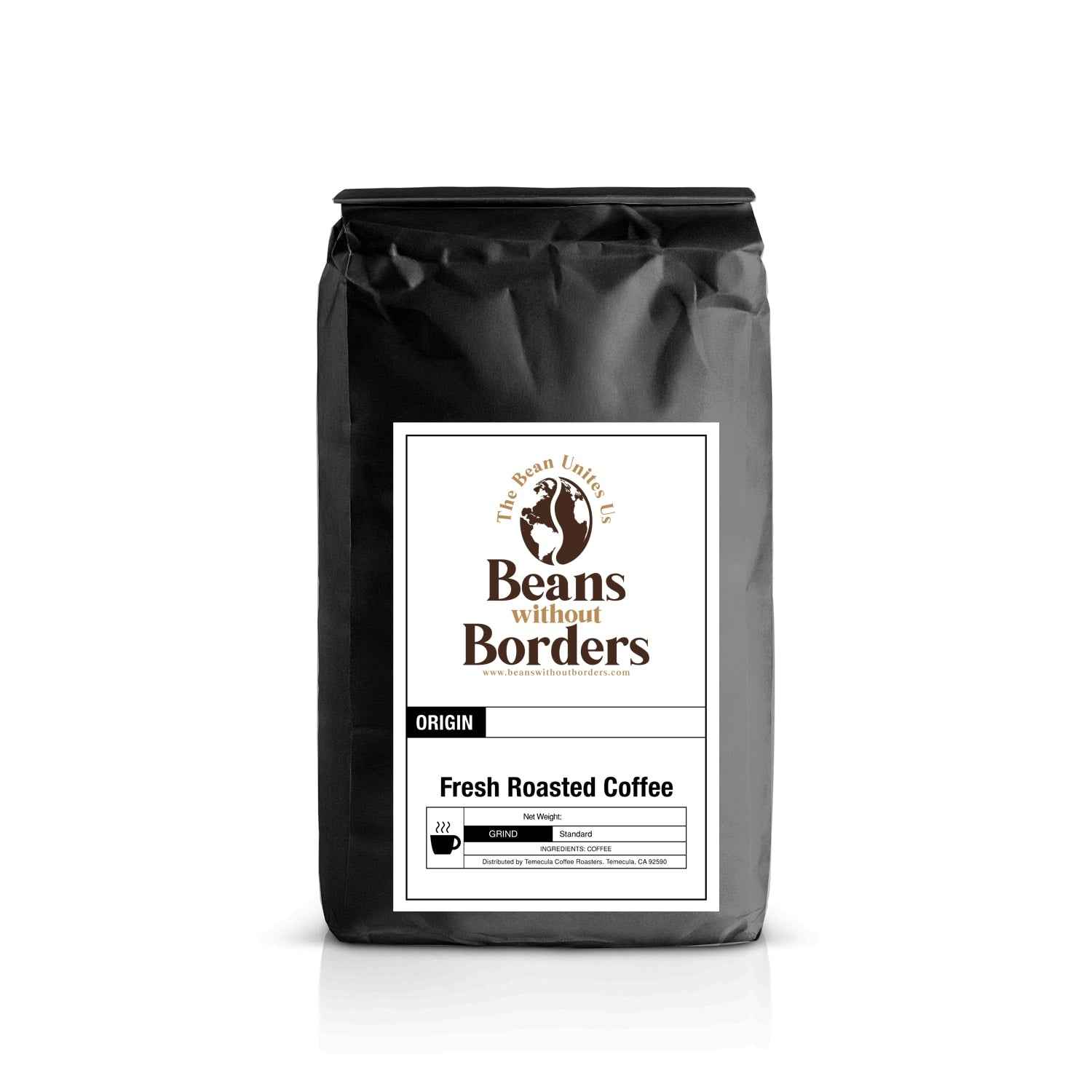 Mocha flavored fresh roasted coffee by Beans Without Borders in a matte black 12oz bag, featuring origin and roast details on the front label.